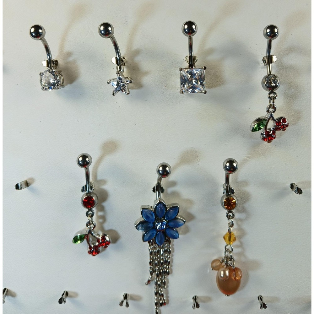 Vintage 90s Belly Button Rings 316L Surgical Steel 14G Cherry Flower CZ 7pc Set - Picture 17 of 17